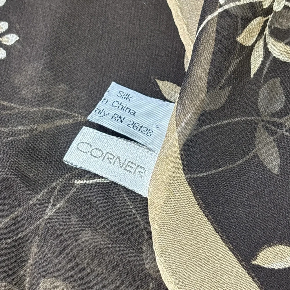 Vintage Casual Corner 100% Silk Head Scarf Floral Sheer Brown Hair Wrap